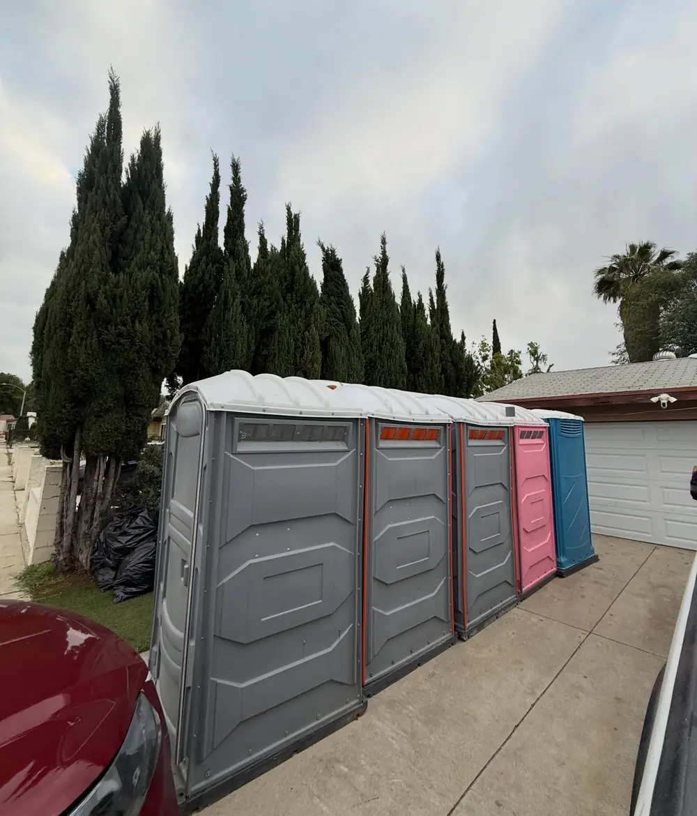Luxury restroom trailer with door open and aluminum steps
